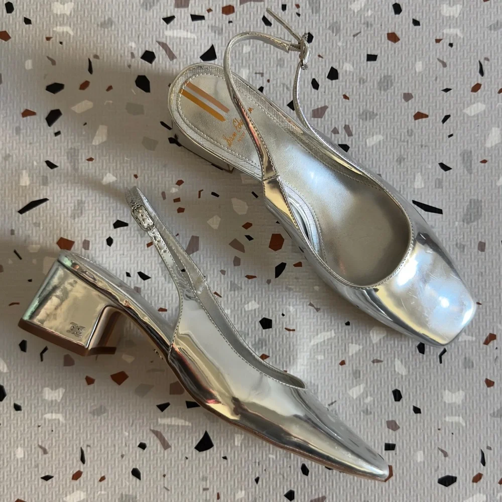 Sam Edelman Terra 50MM Patent Leather Slingback Pumps in Silver Size 8 - Picture 1 of 9